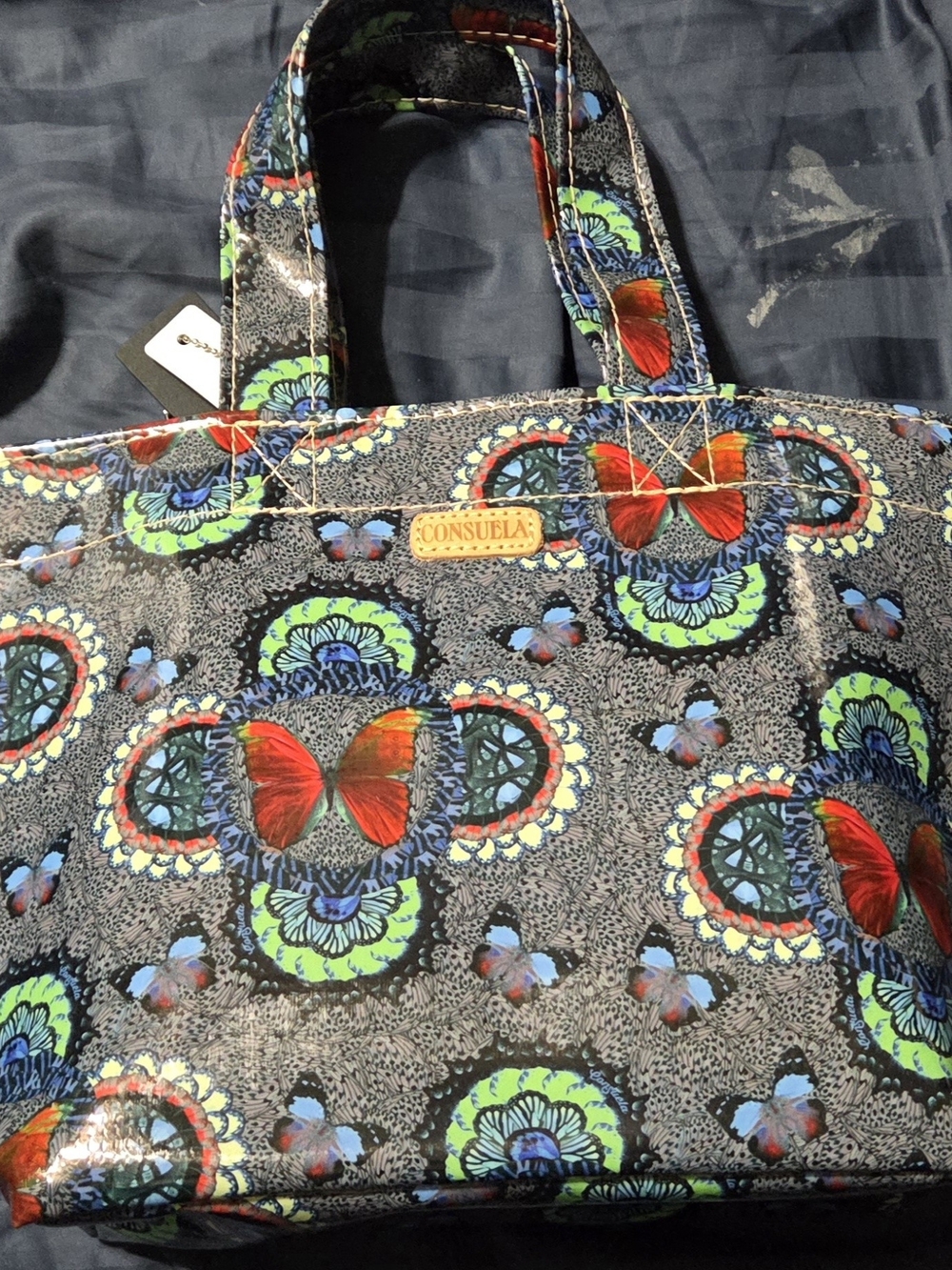Consuela Black Tote with Red Butterfly and Green Accents